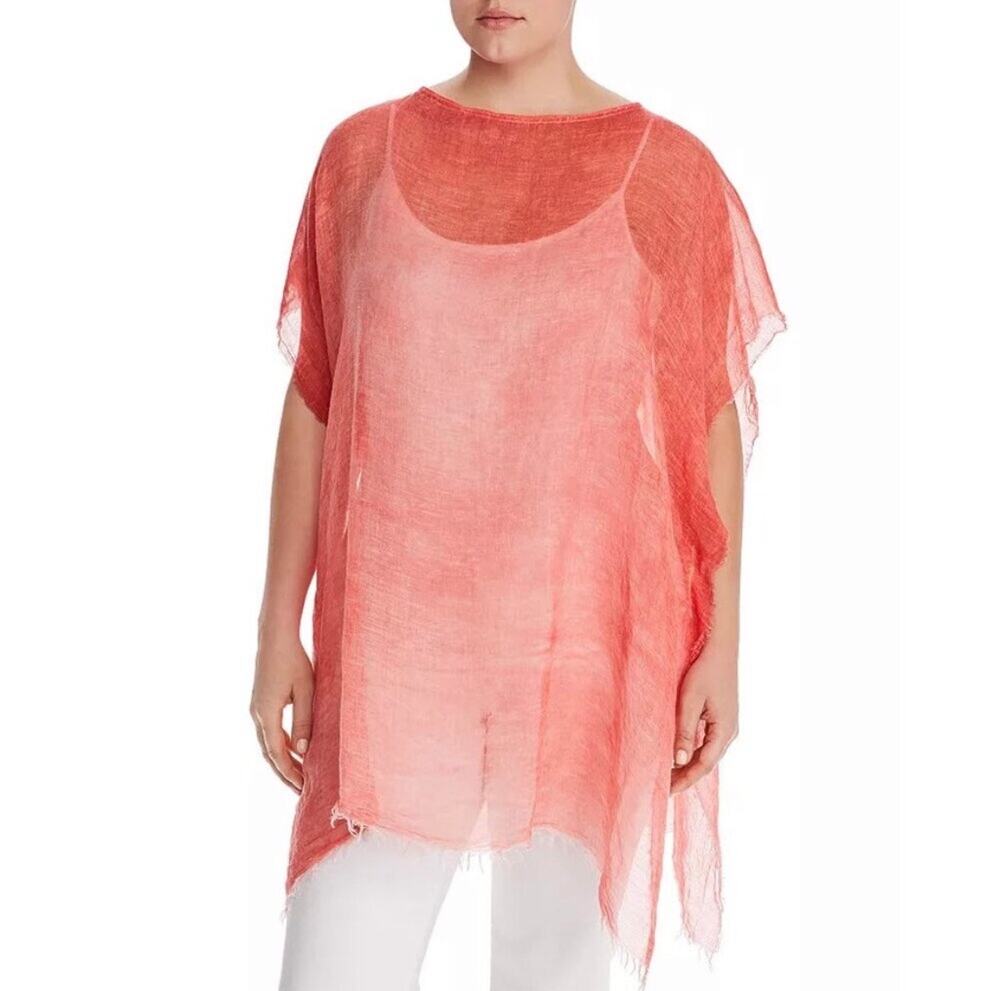 EILEEN FISHER Made in Italy Linen Blend Faded Coral Sheer Poncho Top